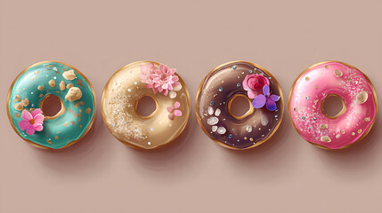 Poster - Set of 4 beautiful appetizing multi, colored donuts with a beautiful confectionery decor,
