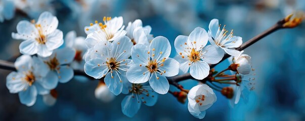 Poster - Blossoming apricot tree branches with beautiful blurred sky concept. Stunning white blossoms adorn a delicate branch against a blue backdrop.