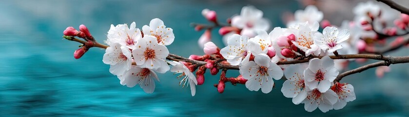 Poster - Blossoming apricot tree branches with beautiful blurred sky concept. A picturesque view of cherry blossoms near tranquil water.