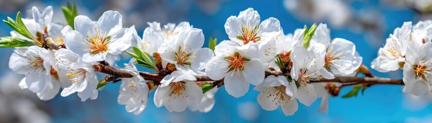 Poster - Blossoming apricot tree branches with springtime blue background concept. Delicate white cherry blossoms in full bloom against a blue sky.