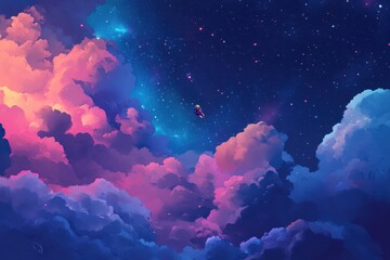 Canvas Print - Astronaut floats among vibrant clouds under a star-filled sky in deep space, Single astronaut floating in space with clouds and stars, created using generative ai technology