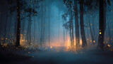 Magical fairy tale forest landscape background with fog and glowing lights