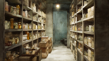 Aufkleber - Storage room with shelves as digital illustration