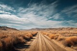 Expansive Desert Road Stretching Into the Horizon Under a Vast Open Sky With Shadows Cast by Clouds Generative AI