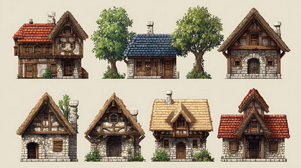Poster - Medieval houses as video game assets as spritesheet