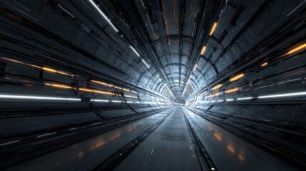 Fototapete - Metal glowing tunnel with neon light and perspective, abstract tech futuristic background