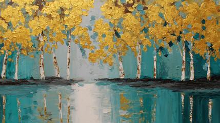 Aufkleber - Teal and gold abstract painting of trees by a pond, autumn birch tree leaves in modern art