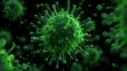 Fototapete - Microscopic view of green virus particle with spikes, biological and scientific concept