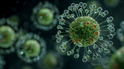 Poster - Microscopic view of green virus particle with spikes, biological and scientific concept