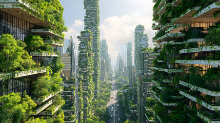 Aufkleber - Modern green sustainable city with green plants on futuristic skyscrapers