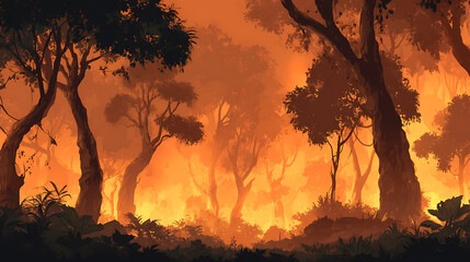 Poster - Wildfire in jungle forest with many trees as illustration