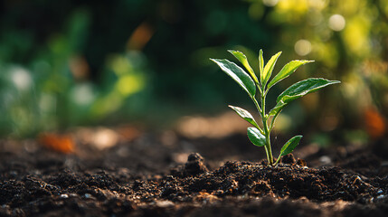 Poster - New growth, seedling growing in the garden dirt, summer sun sapling in the ground, sprout new life