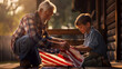 © Morrina - Grandfather Passing Down Flag Tradition to Grandchild: Elderly man teaching grandchild to fold flag showing tradition, respect, heritage, love and patriotism