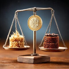 Poster - Balancing Act: A symbolic representation of the value of wheat versus coffee, all weighed with a golden coin.