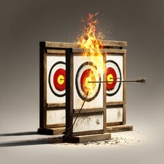 Poster - Fiery Accuracy: An Arrow Strikes the Bullseye of a Target Consumed by Flames, Surrounded by Unaffected Wooden Target Stands