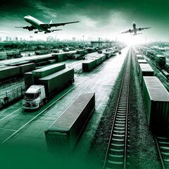 Poster - Global Trade & Transportation Hub: Airplanes and Cargo Containers Facilitate Seamless Logistics and Supply Chain Networks.