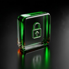 Poster - Green Security: Glass Cube with Padlock and Upward Arrow Icon on Black Reflective Surface 