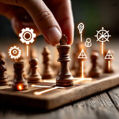 Aufkleber - Strategic Move: Hand Placing King Piece on Chessboard with Holographic Strategy Overlay