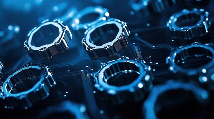 Poster - Abstract Blue Metallic Gears on Circuit Board:  A Futuristic Technology Concept
