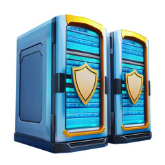 Aufkleber - Secure cartoon data servers designed with shields highlighting cybersecurity features, 3D Cartoon Secure Data Servers with Shields on transparent background