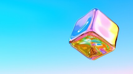 Poster - Iridescent Holographic Cube Floating in Pastel Sky