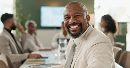 Poster - Collaboration, meeting and face of business black man in office boardroom for planning or teamwork. Company, portrait and smile with mature corporate employee in workplace for training or development
