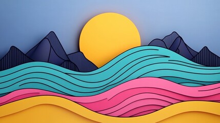 Poster - Layered Paper Cutout Seascape with Yellow Sun and Blue Mountains