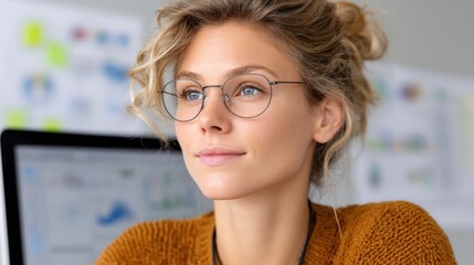 Poster - A focused businesswoman wearing glasses, deep in thought while working at her desk amidst charts and data analysis.
