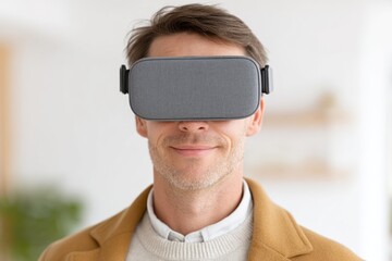 Poster - A man wearing virtual reality goggles enjoys an immersive digital experience, showcasing innovation and modern technology.