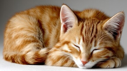  A serene orange tabby cat peacefully sleeping on a soft surface, showcasing its adorable features and relaxed demeanor.