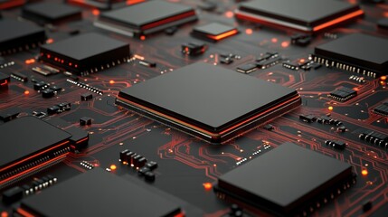 Poster - Close-up of a Futuristic Circuit Board with Glowing Orange Traces and Black Integrated Circuits