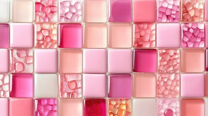 Poster - Abstract pattern of rose-pink glass tiles arranged in a modern square mosaic wall design