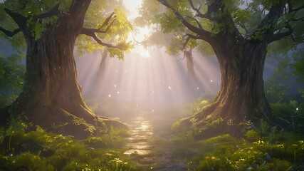 Poster - Sunbeams in a Magical Forest