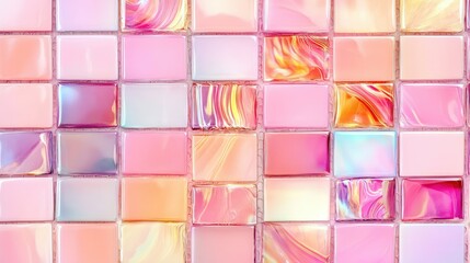 Poster - Seamless square mosaic tile background in pastel pink, reflective glass wall with artistic texture