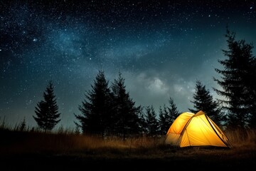 Aufkleber - Glowing Tent Under a Starry Night Sky in a Serene Outdoor Landscape Generative AI