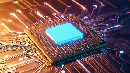 Poster - Close-up of CPU on Motherboard with Glowing Blue Core