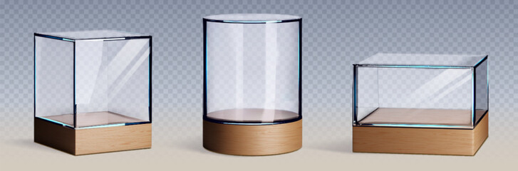 Poster - Glass museum display cases with wood bases - minimalist three sizes of transparent exhibition cubes on wooden pedestals. Empty glass boxes showcase products or artifacts in galleries, retail stores.