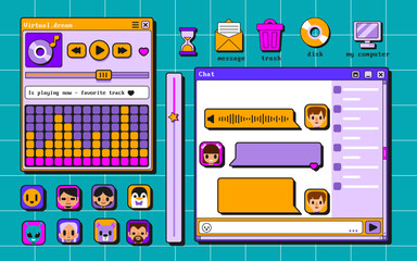 Poster - Retro user interface elements collection - chat window template graphic ui kit, music player equalizer, avatars and icons. Oldschool neon style computer gui design components, 90s web buttons.