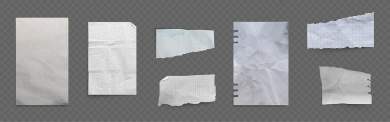 Poster - Paper sheet fold collection - various shapes torn white, checkered and dirty notes, crumpled textured pages with creases wrinkles and tears cut edges. Scattered realistic 3d illustration set.