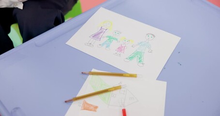 Aufkleber - Teacher, hands and drawing with child at school for elementary lesson, family sketch or art classroom. Closeup, educator or teaching kid with pictures for learning, education or childhood development