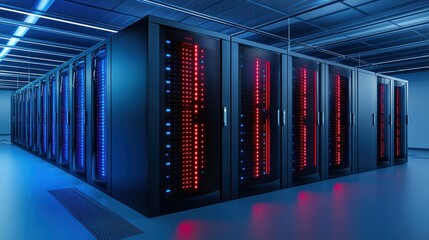 Poster - Modern Data Center: Servers with Blue and Red Lights