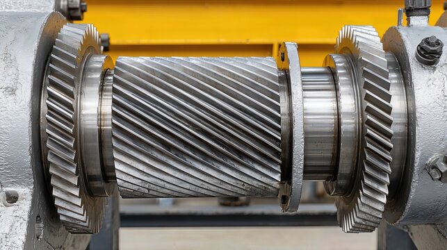 Detailed view of metal gears and mechanical components in a helical gearbox, essential for power transmission in automotive and automation systems.
