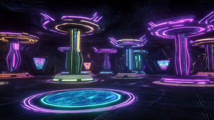 Poster - Neon glowing structures in dark futuristic space
