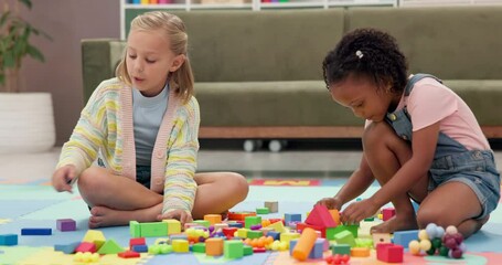 Poster - Building blocks, playing and kids on floor in home for cognitive development or creativity. Learning, living room and girl children with educational toys for fine motor skills or sensory in house.