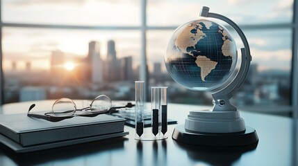 Poster - Modern desk setting with a globe and scientific tools.