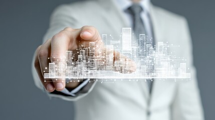 Poster - Digital Cityscape: A businessman's finger interacts with a holographic projection of a city, symbolizing modern urban planning and technology's role in shaping the future of metropolises.