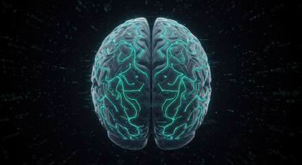 Poster - Human brain illustration with glowing veins on a dark background.