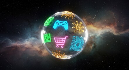 Poster - Glowing icons inside a bubble with a dark space background.