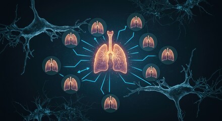 Poster - Lungs surrounded by brains connected by neural pathways on a dark background.