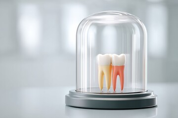 Poster - Realistic Single Tooth Implant Displayed Under Glass Dome in a Modern Dental Office Setting Generative AI